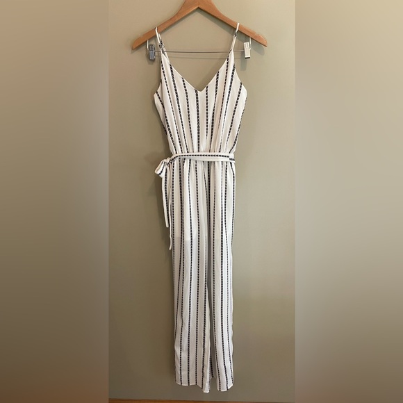 One Clothing: White Jumpsuit Romper with Black and Maroon Pattern Stripes - Picture 9 of 17